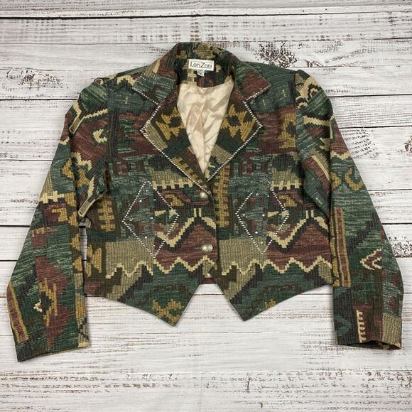 Jackets & Blazers - Lori Zoni Vintage Aztec Western Studded Short‎ Crop Blazer Jacket Size Medium